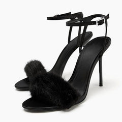 Black faux fur strap stiletto heel sandal