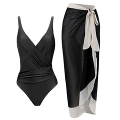 Tie-Strap V-Neck One-Piece Swimsuit with Matching Sarong Set