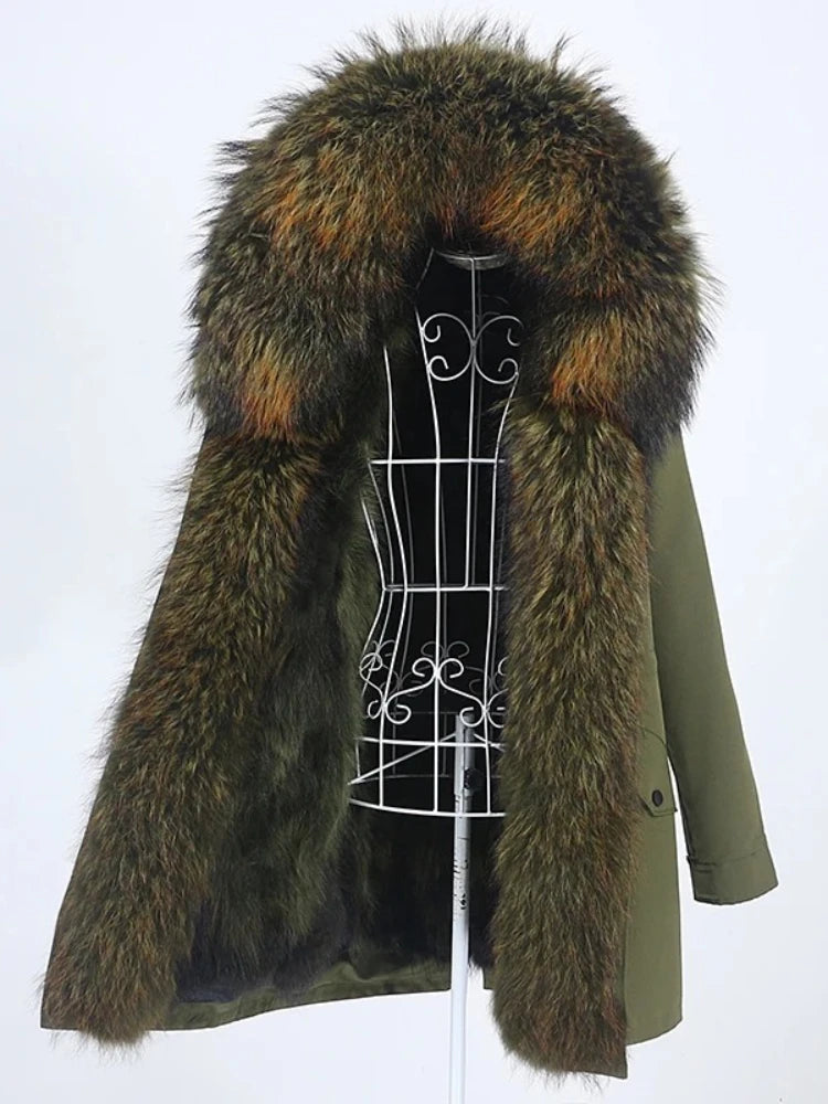 Green coat with a fur-lined hood on a white background