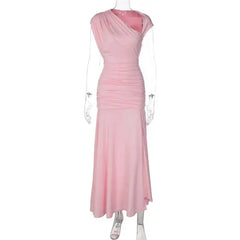 Asymmetrical Neckline Short Sleeve Ruched Maxi Dress