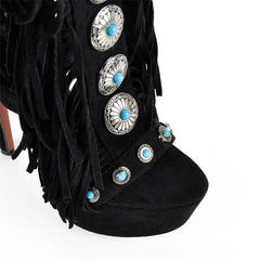 Fringed Turquoise Studded Knee High Boots