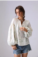 Embroidered Cotton Blouse with Lantern Sleeves