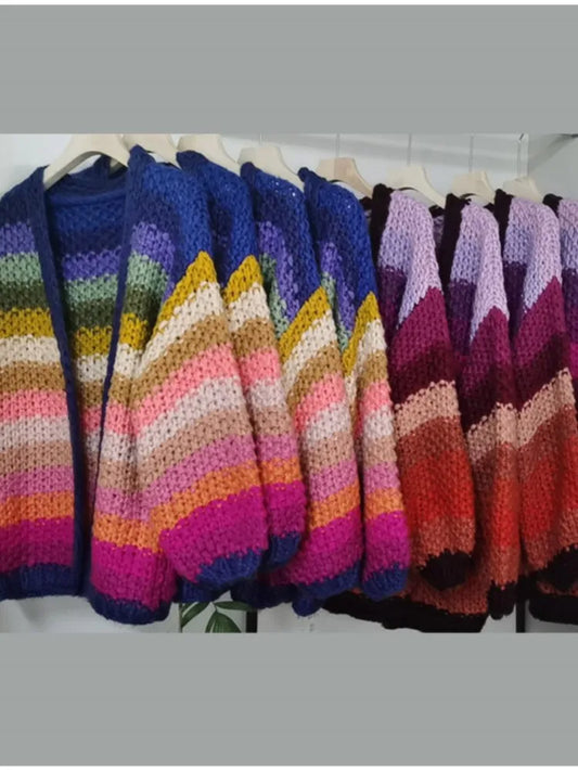Multicolor Striped Crochet Knit Cardigan - Golden Atelier