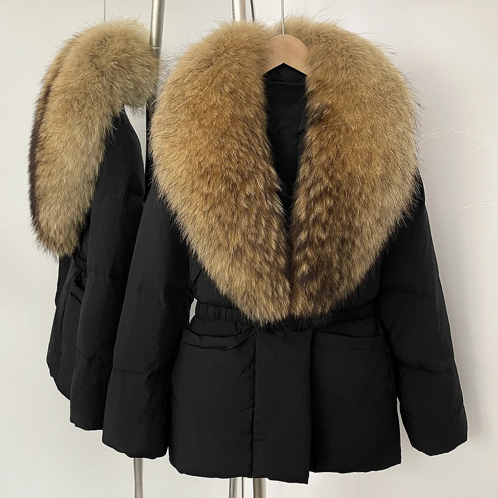 Black coat with a large fur collar 