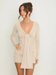 V-neck ruched mini dress in beige profile