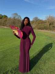 Long Sleeve Turtleneck Drape Tie Up Waist Detail Maxi Dress