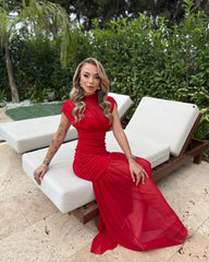 Red mock neck ruched mesh maxi dress