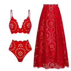 Scallop Neckline One-Piece Swimsuit with Eyelet Midi Skirt Set