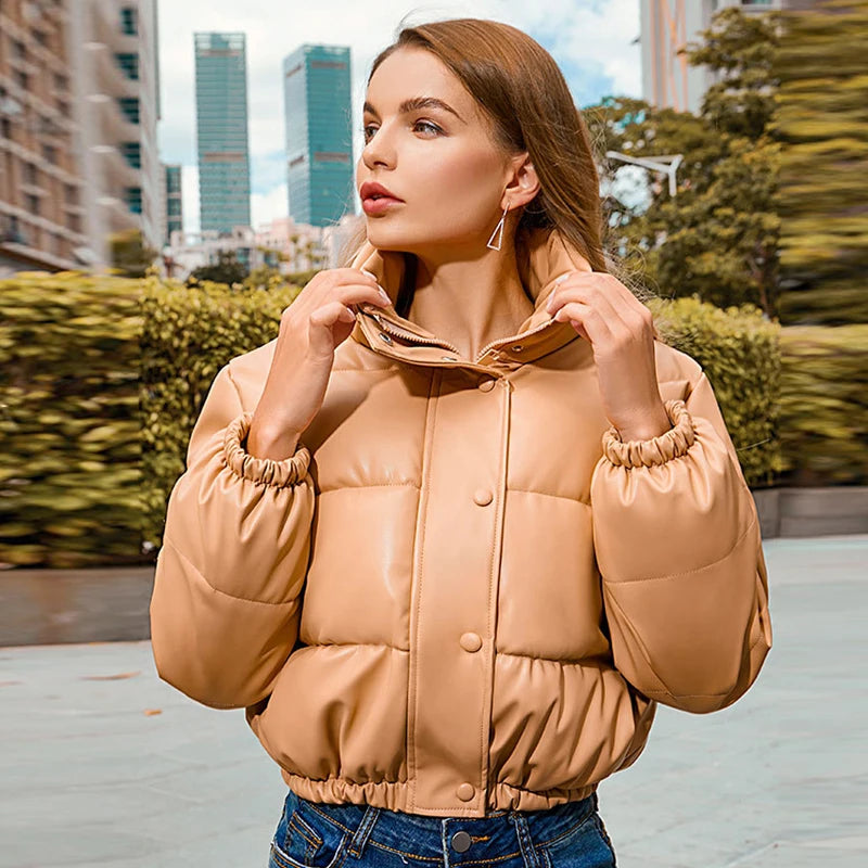 Thick PU Leather Coats Short Parkas Cotton Padded Down Jacket