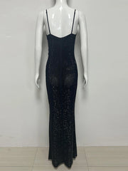 Black Rhinestone Lace Side Patchwork Spaghetti Strap Maxi Dress