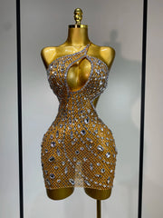 Crystal One Shoulder Mesh Bodycon Mini Dress