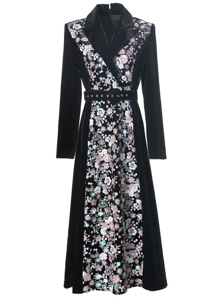 Velvet floral embroidered v-neck midi dress displayed flat