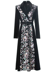 Velvet floral embroidered v-neck midi dress displayed flat