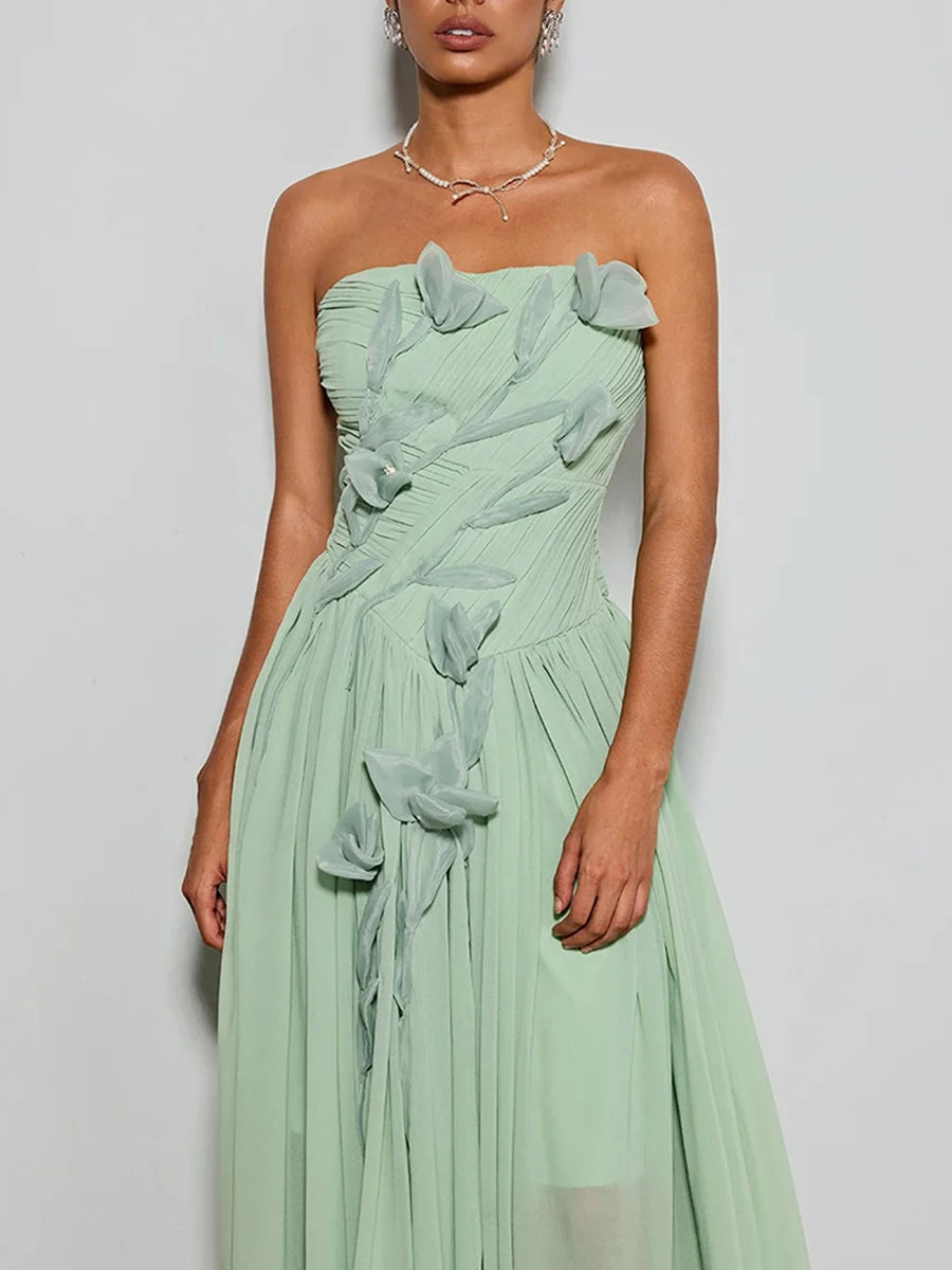 Strapless floral chiffon midi dress bodice detail