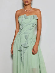 Strapless floral chiffon midi dress bodice detail