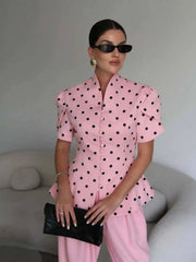 Polka Dot Puff Sleeve Mock Collar Top