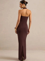 Brown Draped Halter Metal Buckle Maxi Dress