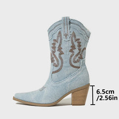 Denim Embroidery Western Square High Heels Boots