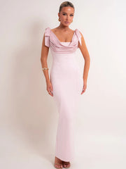 Close-up of pink draped cowl bow shoulder maxi dress neckline