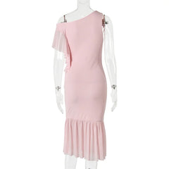 Pink Asymmetrical One Shoulder Ruffle Hem Midi Dress