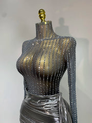 Sequin Sheer Long Sleeve Turtleneck Metallic Draped Mini Dress
