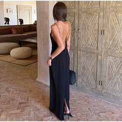 Polka Dot Beaded Strap Open Back Maxi Dress