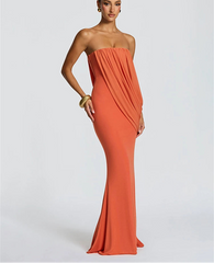 Orange draped strapless column maxi dress