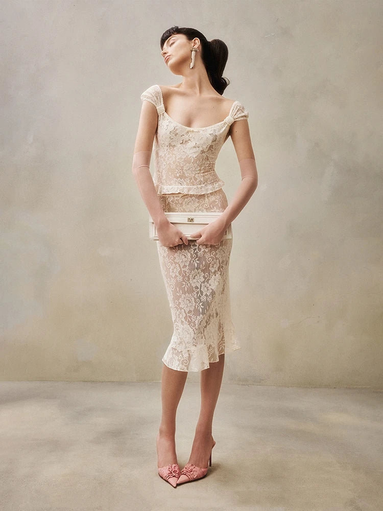 Lace ruffle top and midi skirt set