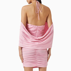Pink Ruched Flower Accent Mini Dress
