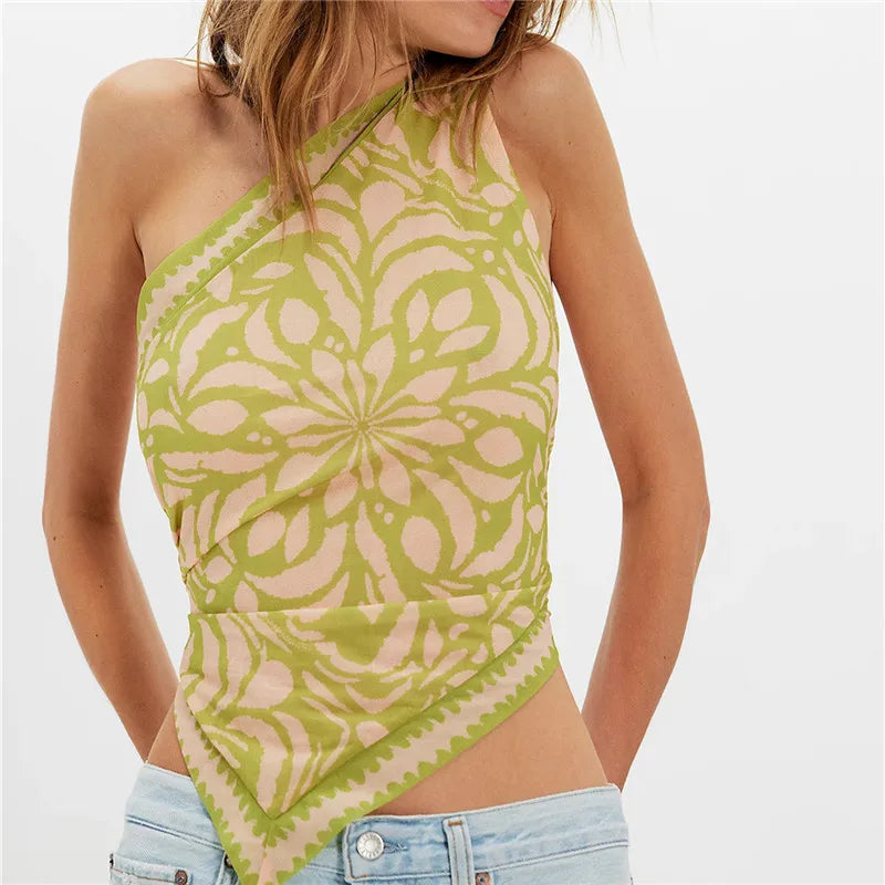 Green floral print one shoulder crop top.