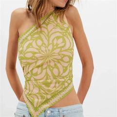Green floral print one shoulder crop top.