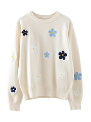 Floral Emobroidery Elegant O Neck Knitted Pullover