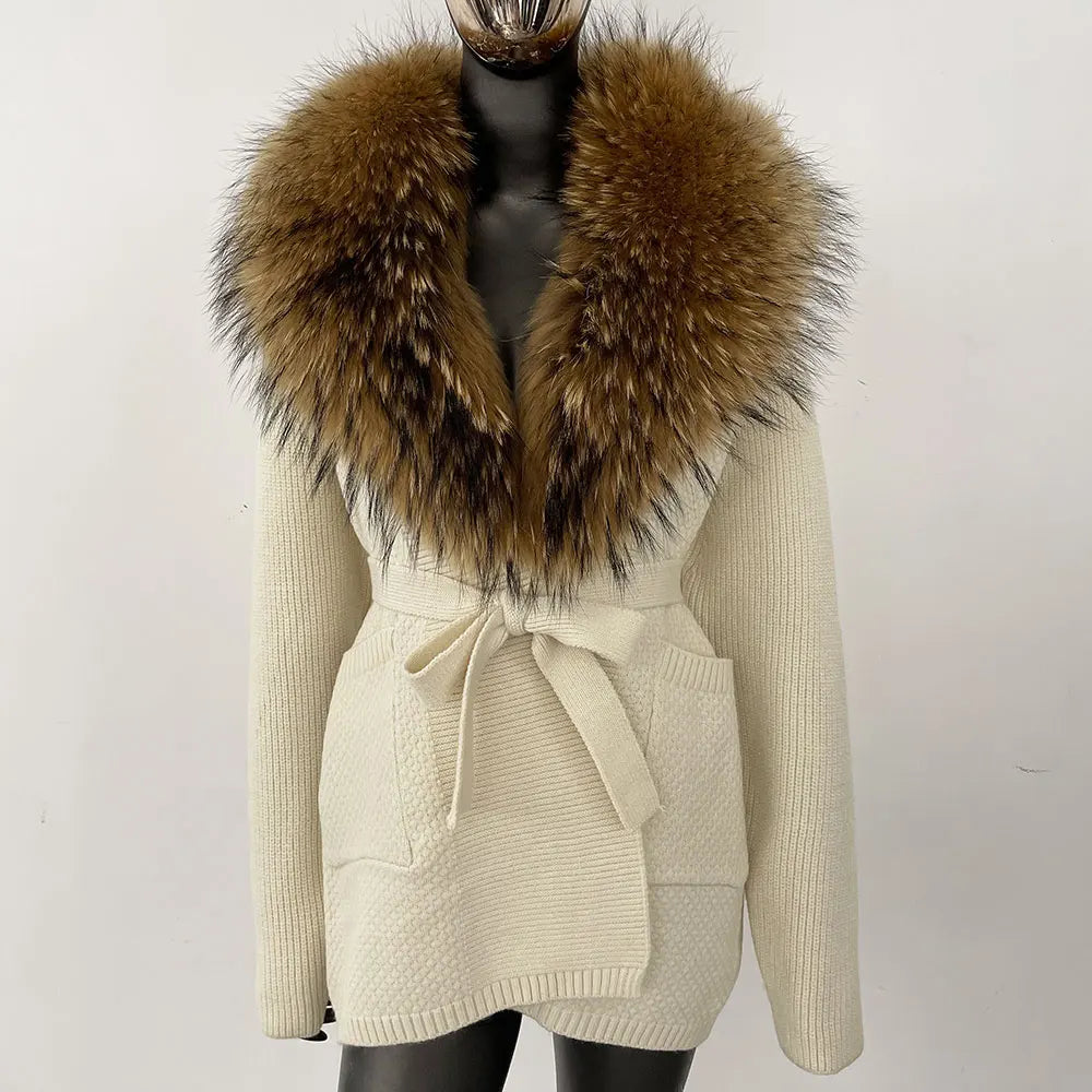 ivory knit coat with fox brown faux fur collar