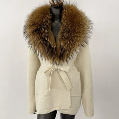 ivory knit coat with fox brown faux fur collar