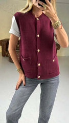 Sleeveless Pocket Solid Knit Cardigan