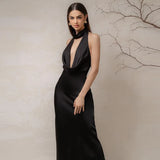 V Neck Open Back Satin Long Black Dress for Women