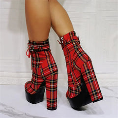 Plaid platform lace-up chunky heel boots with side zipper detail