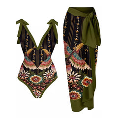 V-Neck Tie-Strap Swimsuit and Wrap Skirt Set