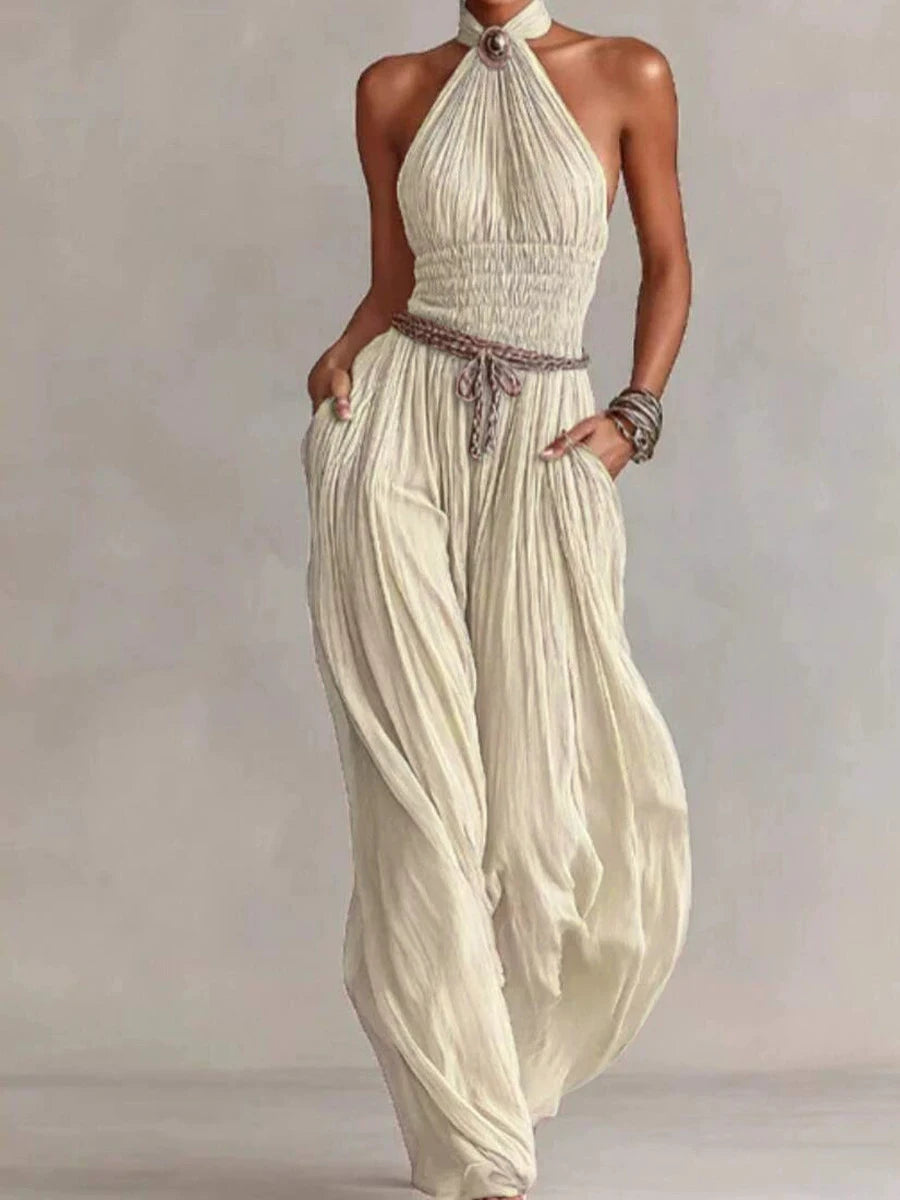 Cream halter wide leg top and pants set