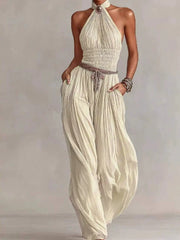 Cream halter wide leg top and pants set