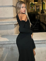 Sleek streetwear-inspired black dress for formal or party wear

