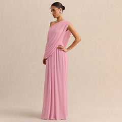 Pink one shoulder draped maxi dress side view