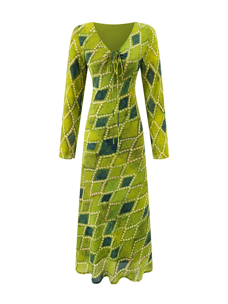 V-neck tie-front long sleeve midi dress with diamond pattern, front view.