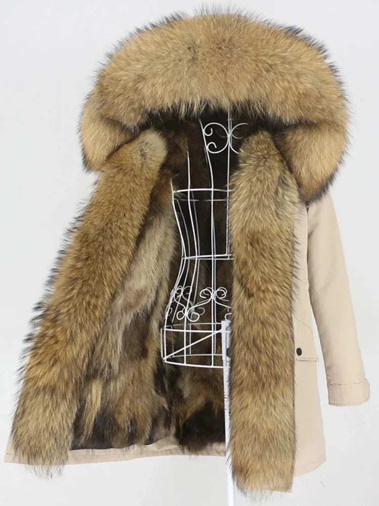 Beige coat with a large fur hood on a white background