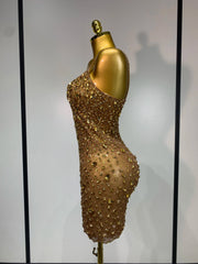 Back view of gold embellished sheer mini dress