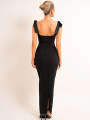 Draped Satin Cowl Bow Shoulder Maxi Dress