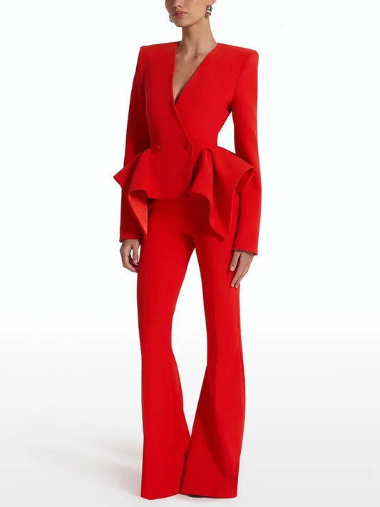 Red peplum jumpsuit on a white background