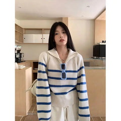 Blue Stripe Zipper Mock Neck Pullover