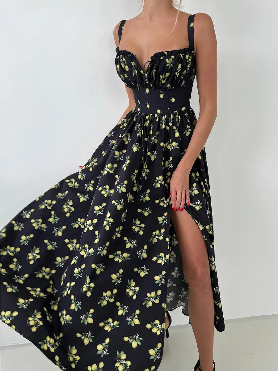 Black floral dress with a high slit on a white background
