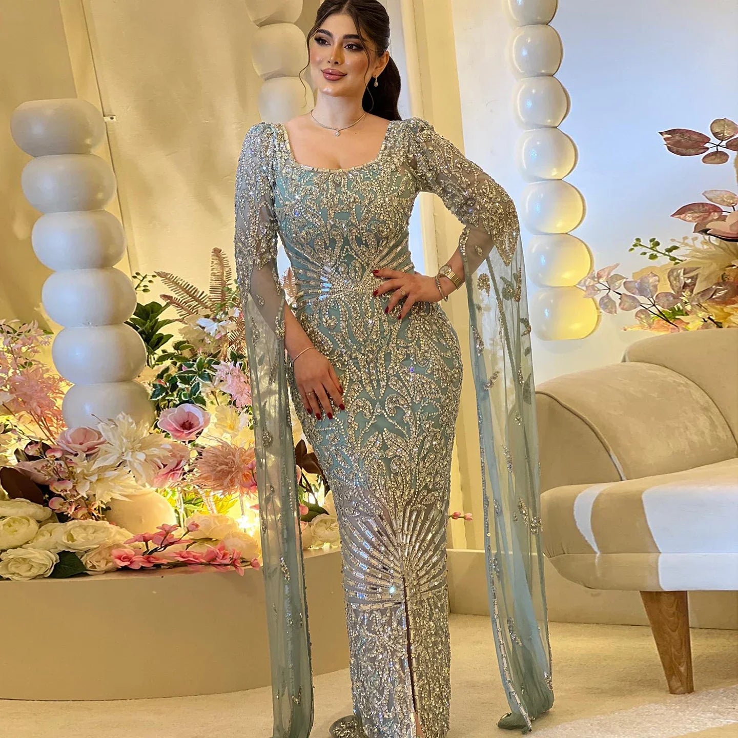 Turquoise Evening Dress with Cape Sleeves Elegant Sqaure Neck Dubai Women Wedding Party Gowns Golden Atelier 1